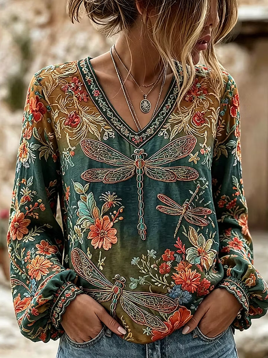 Blusa feminina casual de algodão e linho com estampa floral retrô