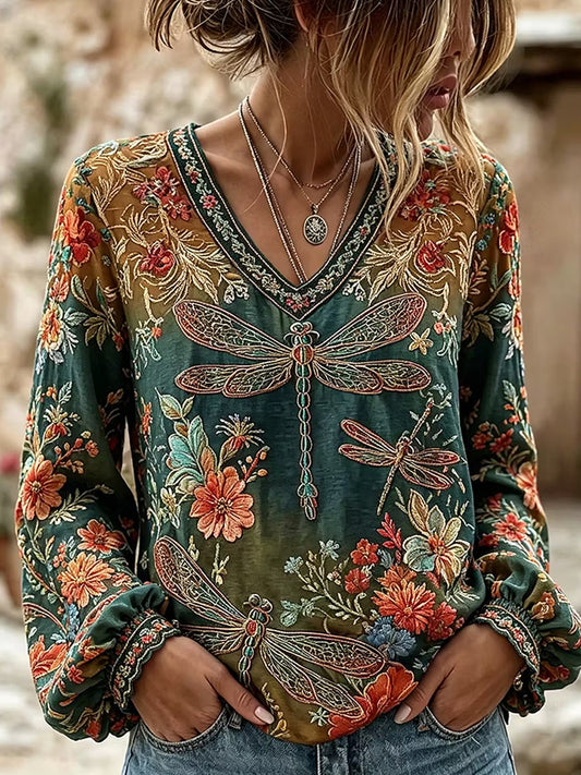 Blusa feminina casual de algodão e linho com estampa floral retrô