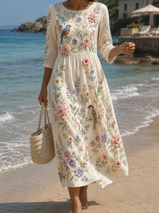 Arte Floral retrô impressão algodão linho vestido Casual confortável do mulheres