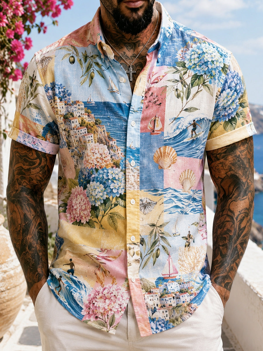 Camisa masculina de manga curta de impressão de arte de férias de praia portuguesa