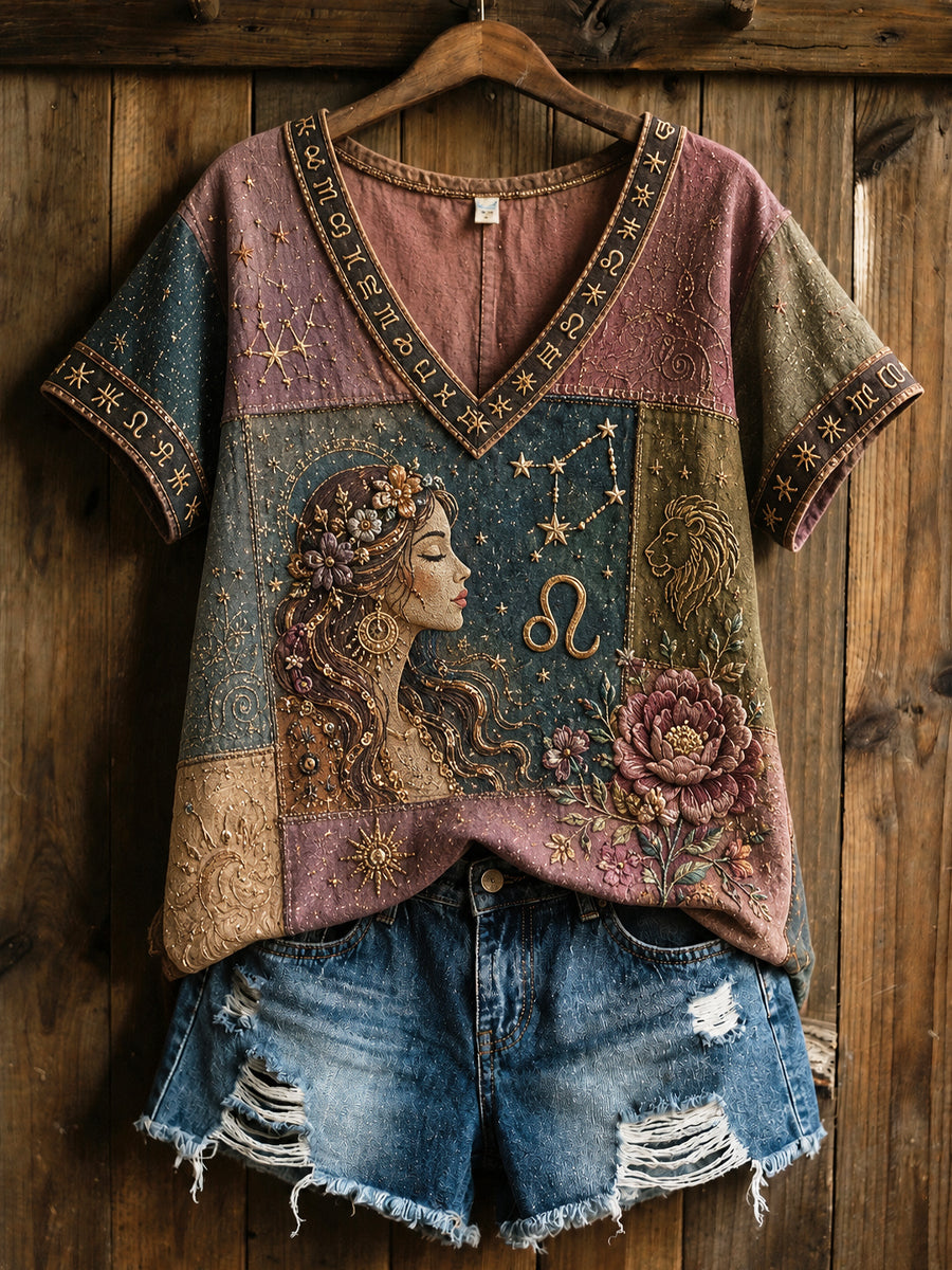 Retro Astrologia Cura Patchwork Casual V-Neck Algodão-Linho T-shirt