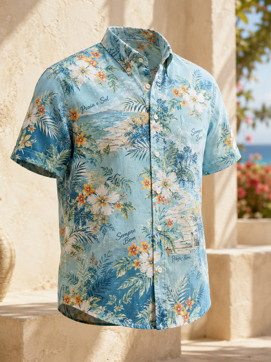 Camisa masculina de mangas curtas com estampa artística inspirada nas férias na praia, em Portugal