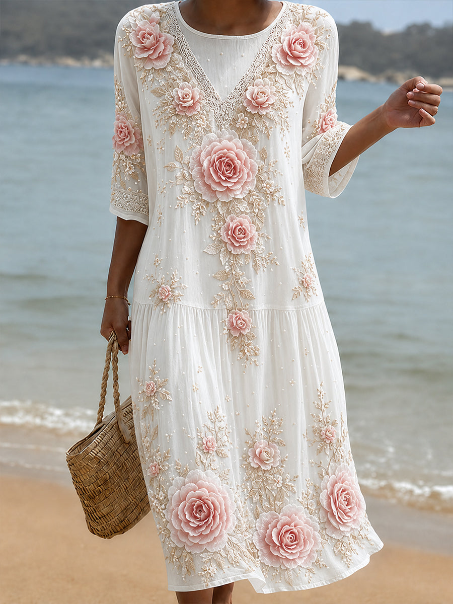 Vestido casual confortável de algodão e linho com estampa floral retrô feminina
