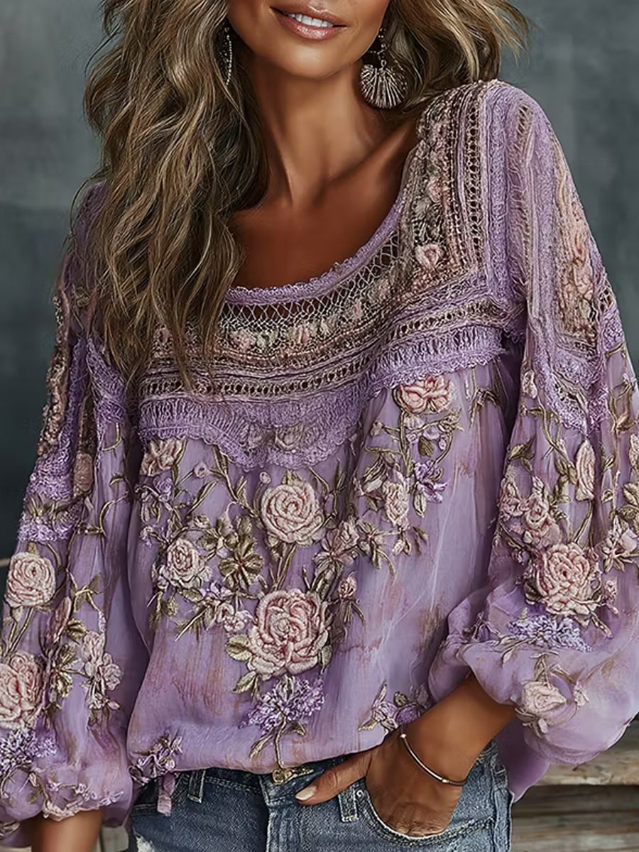 Blusa casual confortável de algodão e linho com estampa floral retrô feminina