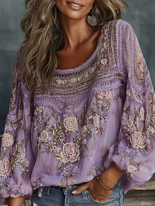 Blusa casual confortável de algodão e linho com estampa floral retrô feminina