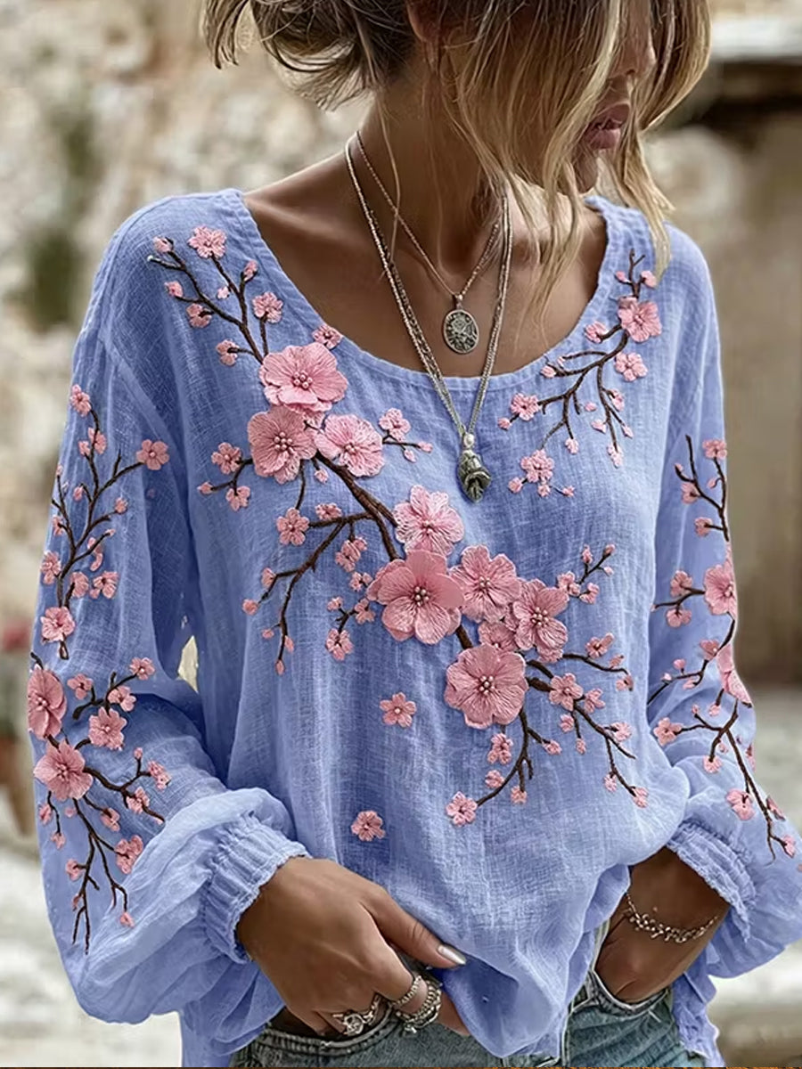 Blusa feminina casual de algodão e linho com estampa floral retrô