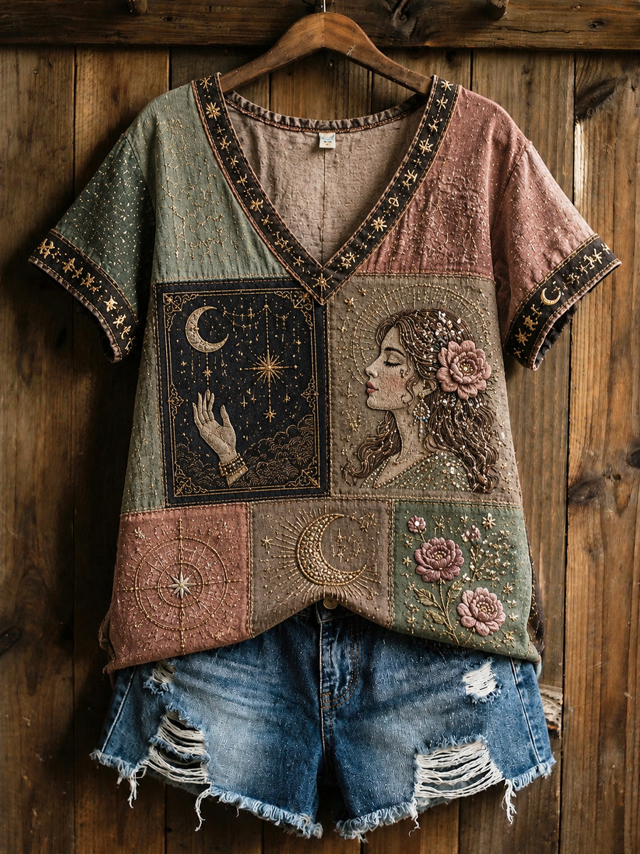 T-shirt retro inspirada na astrologia, relaxada-Fit V-Neck algodão-linho