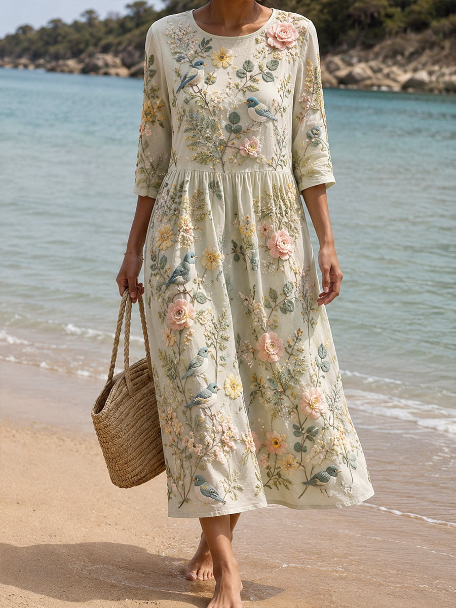 Vestido casual confortável de algodão e linho com estampa floral retrô feminina