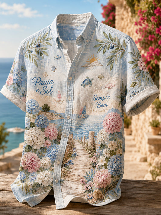 Camisa masculina de mangas curtas com estampa artística inspirada nas férias na praia, em Portugal