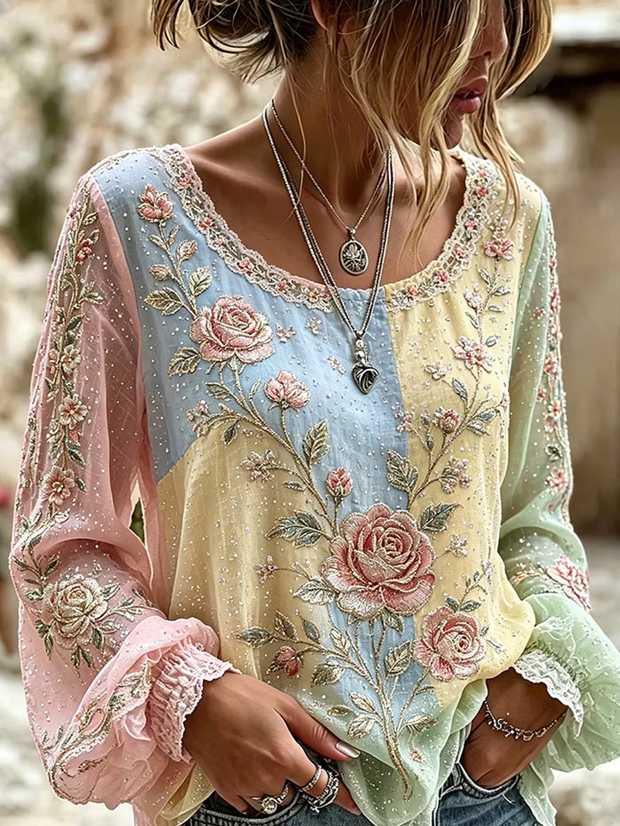 Blusa feminina casual de algodão e linho com estampa floral retrô