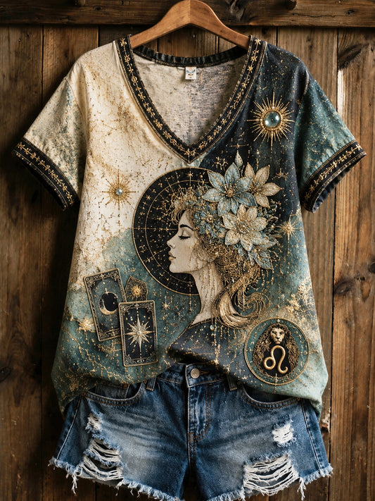 Astrologia vintage Zodíaco Arte Casual V-Neck Algodão-Linho T-shirt