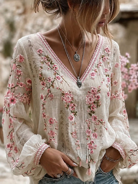 Arte Floral retrô impressão Top de linho algodão Casual feminino