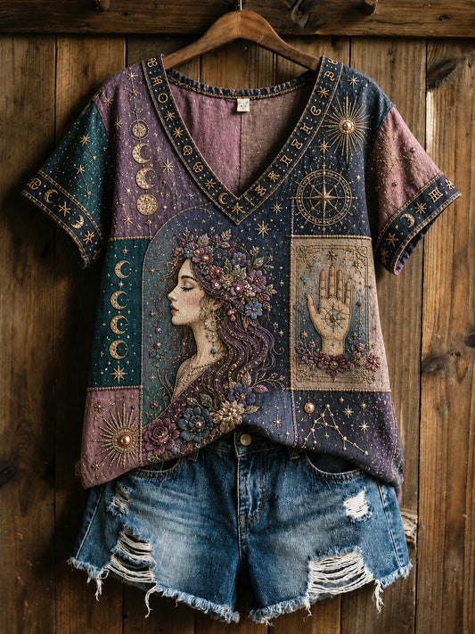 Retro Astrologia Cura Arte Casual V-Neck Algodão-Linho T-shirt