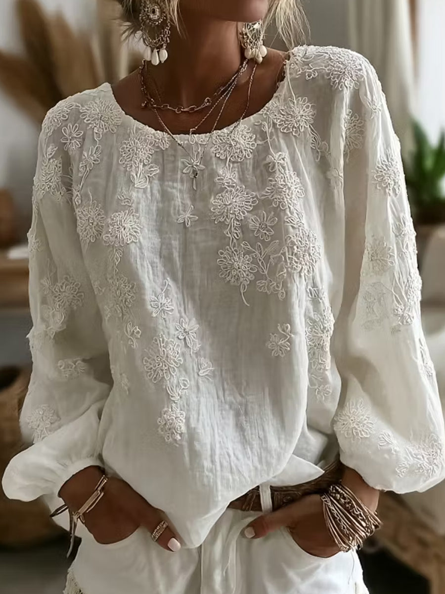 Blusa casual confortável de algodão e linho com estampa floral retrô feminina