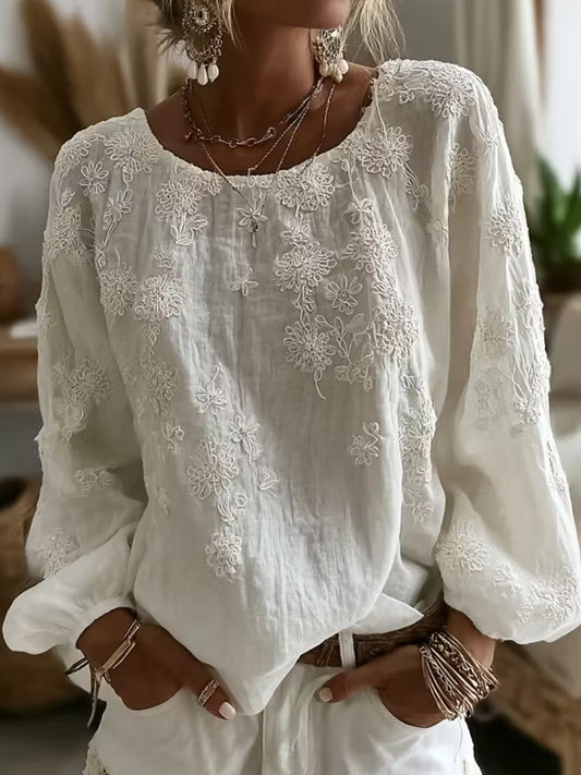 Blusa casual confortável de algodão e linho com estampa floral retrô feminina