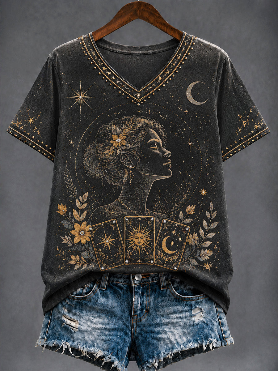 Astrologia Retro Zodíaco Arte Casual V-Neck T-shirt