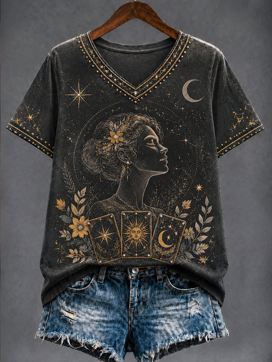 Astrologia Retro Zodíaco Arte Casual V-Neck T-shirt