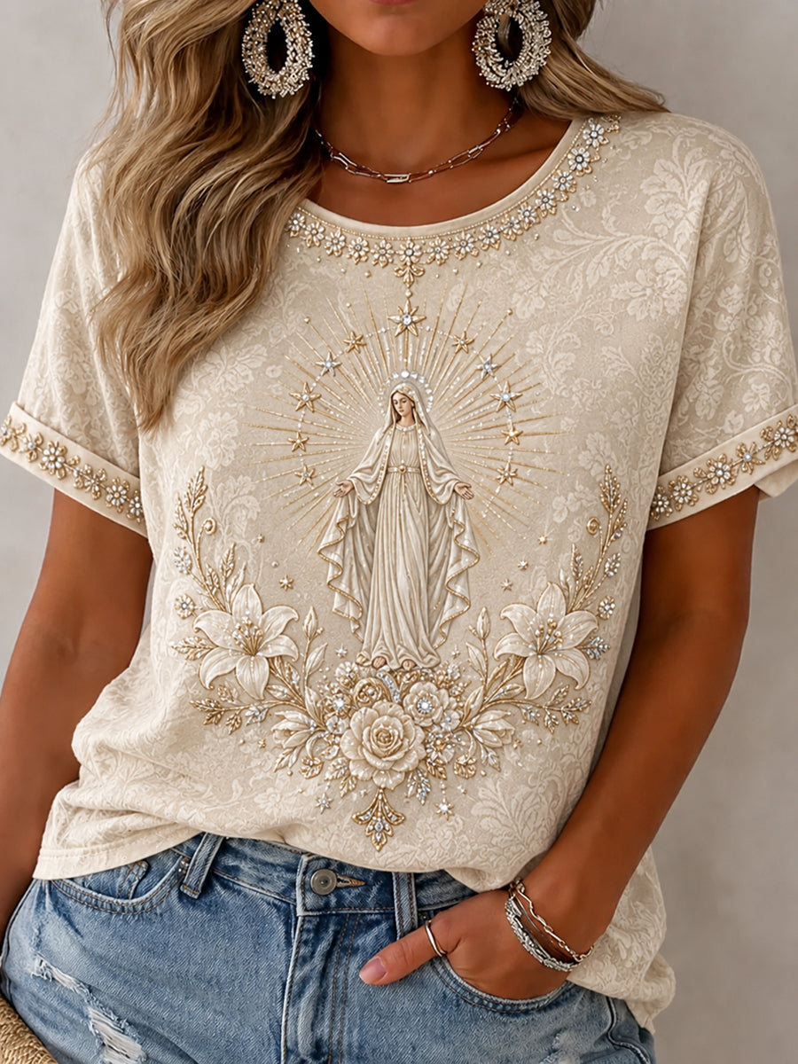Camiseta estampada feminina da Assunção de Maria