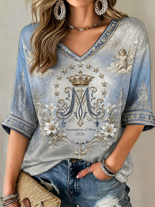 Camiseta feminina da Assunção de Maria, meia manga, gola em V
