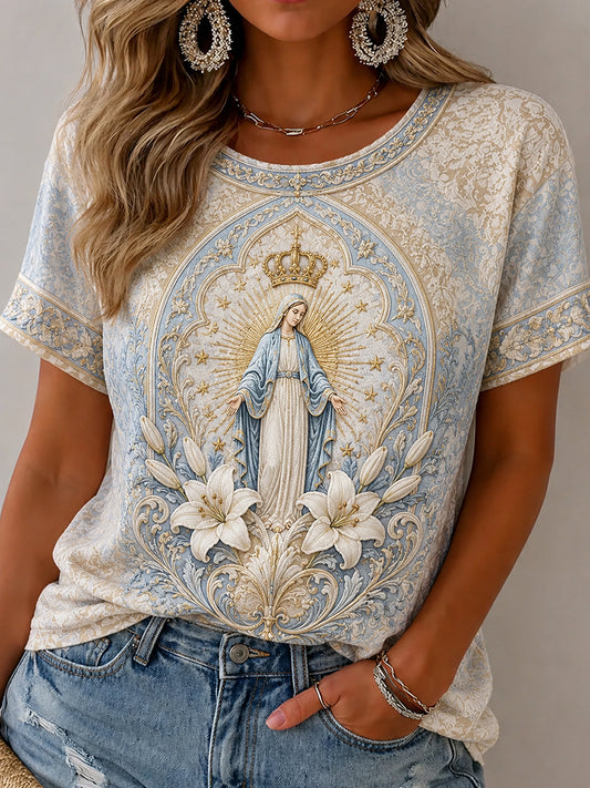 Camiseta estampada feminina da Assunção de Maria