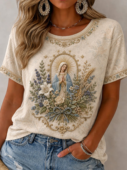 Camiseta estampada feminina da Assunção de Maria