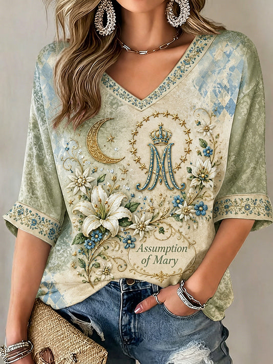 Camiseta feminina da Assunção de Maria, meia manga, gola em V