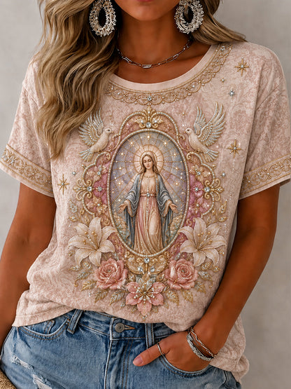 Camiseta estampada feminina da Assunção de Maria