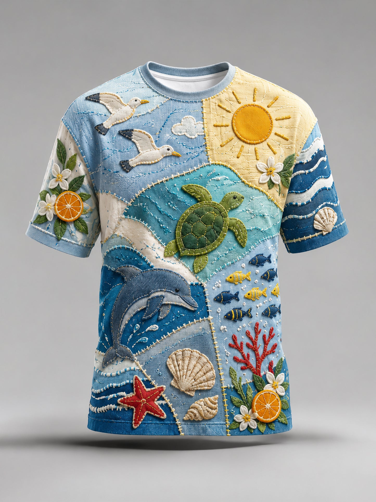 Camiseta masculina com estampa artística temática de férias na praia, em português