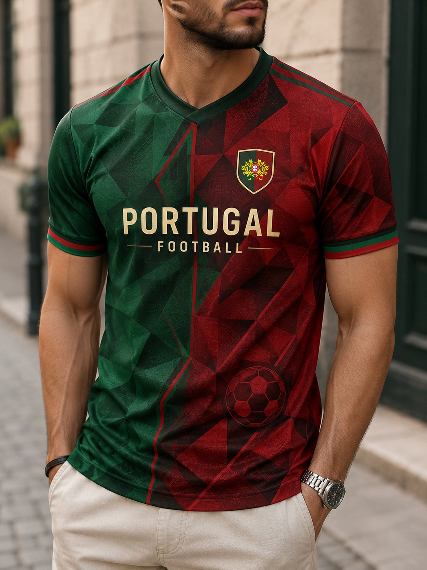 Camiseta com Impressão Artística de Apoio à Seleção Portuguesa de Futebol Masculino