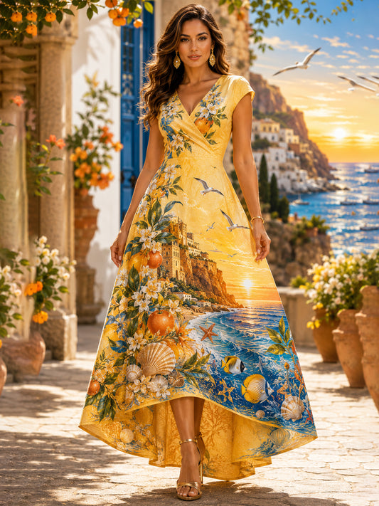 Vestido feminino com estampa artística inspirada nas férias à beira-mar em Portugal
