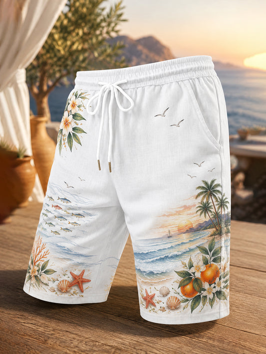 Shorts casuais com estampa artística, estilo de férias na praia, masculinos, em português