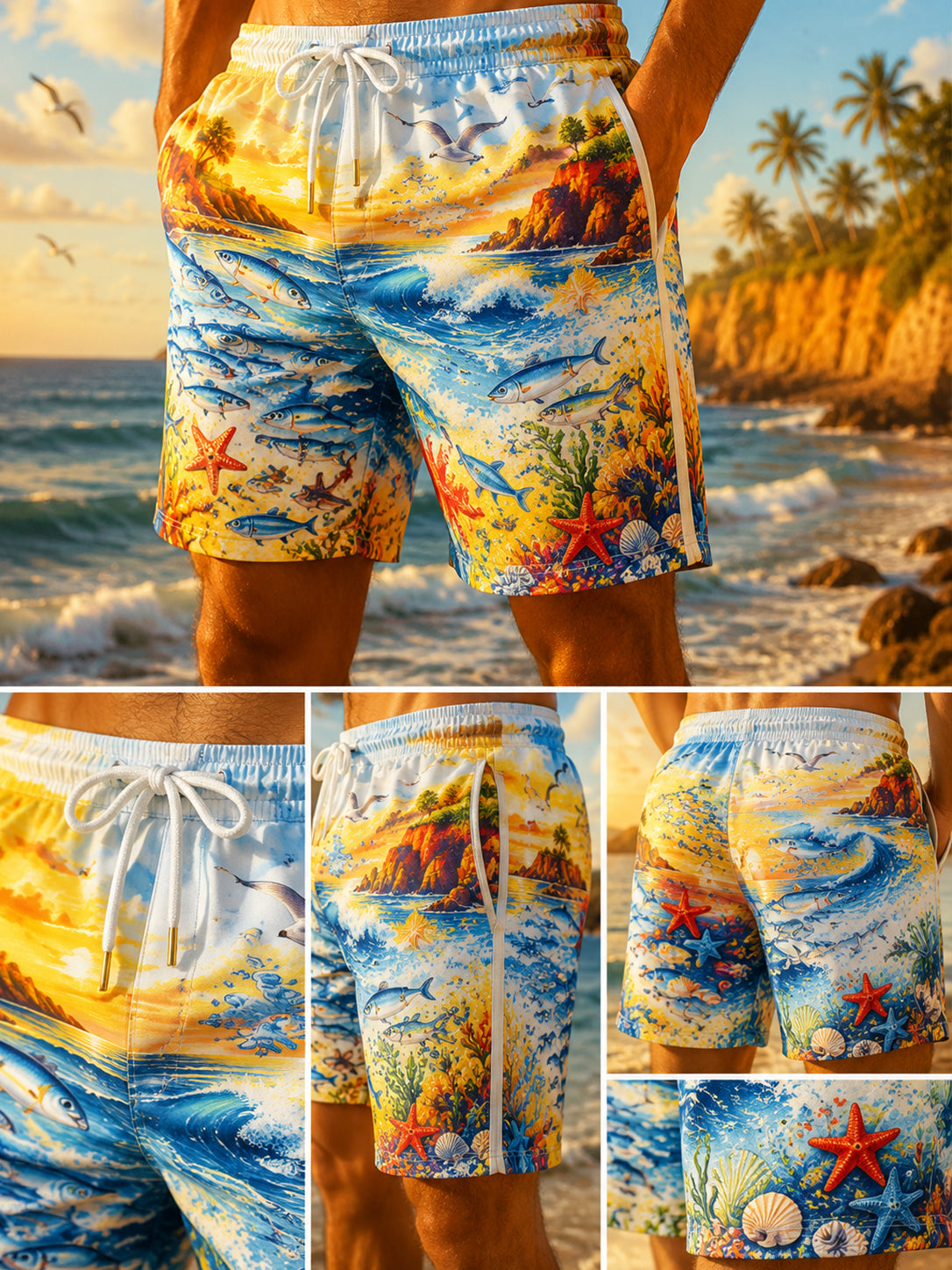 Shorts casuais com estampa artística, estilo de férias na praia, masculinos, em português