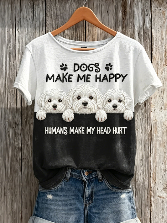 Camiseta de manga curta Espreitando cães malteses das mulheres Make Me Happy Humans Make My Head Hurt