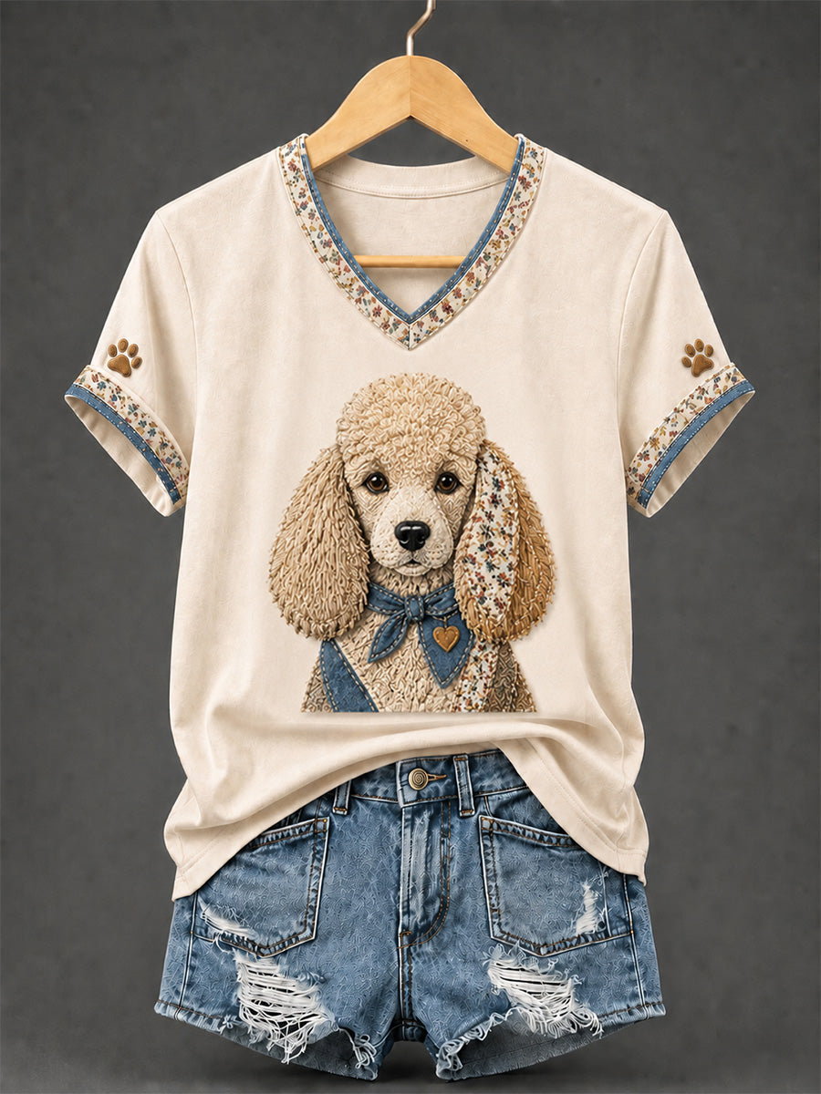 Retro Patchwork Dog impressão v-Neck Tee feminino