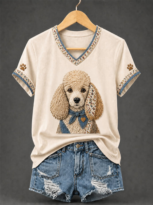 Retro Patchwork Dog impressão v-Neck Tee feminino