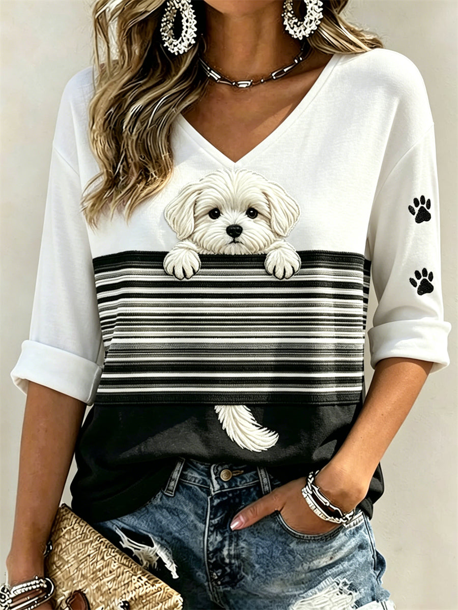 Espreitar cão maltês e pata do mulheres imprime Colorblock impressão de comprimento médio mangas v-Neck t-shirt