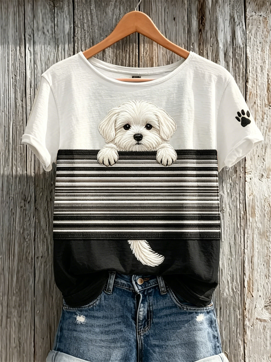 Peeking cão maltês Colorblock impressão t-shirt de manga curta feminino