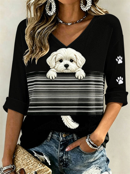 Espreitar cão maltês e pata do mulheres imprime Colorblock impressão de comprimento médio mangas v-Neck t-shirt