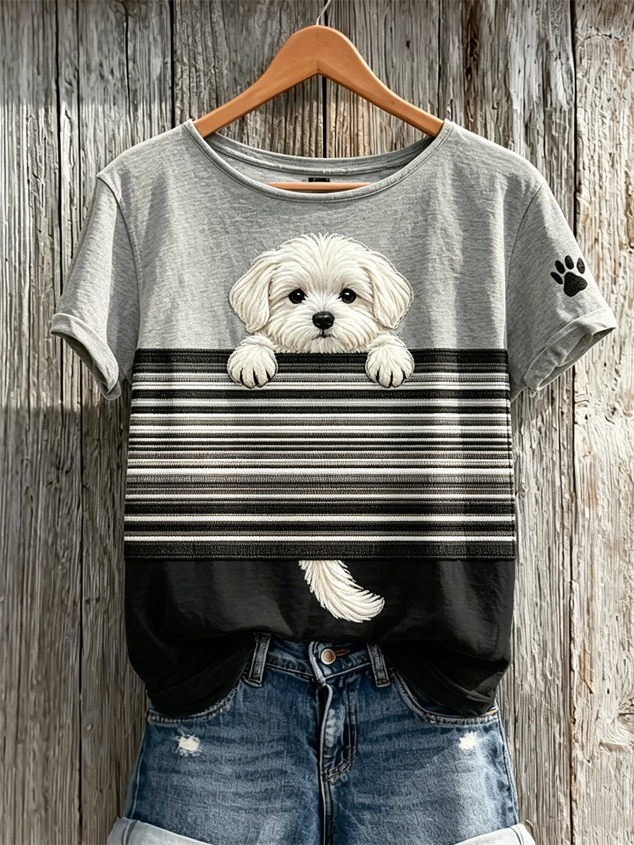 Peeking cão maltês Colorblock impressão t-shirt de manga curta feminino