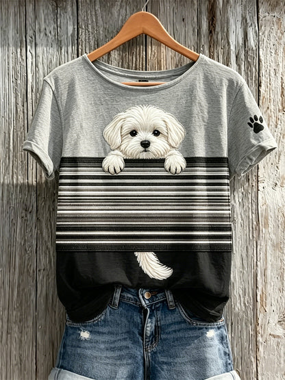 Peeking cão maltês Colorblock impressão t-shirt de manga curta feminino