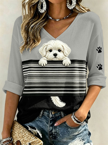 Espreitar cão maltês e pata do mulheres imprime Colorblock impressão de comprimento médio mangas v-Neck t-shirt