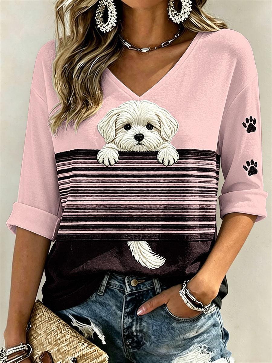 Espreitar cão maltês e pata do mulheres imprime Colorblock impressão de comprimento médio mangas v-Neck t-shirt
