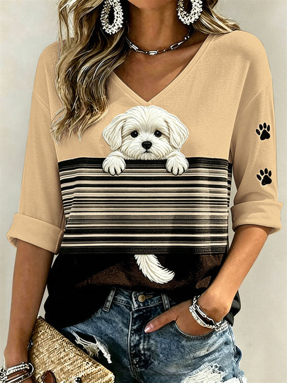 Espreitar cão maltês e pata do mulheres imprime Colorblock impressão de comprimento médio mangas v-Neck t-shirt