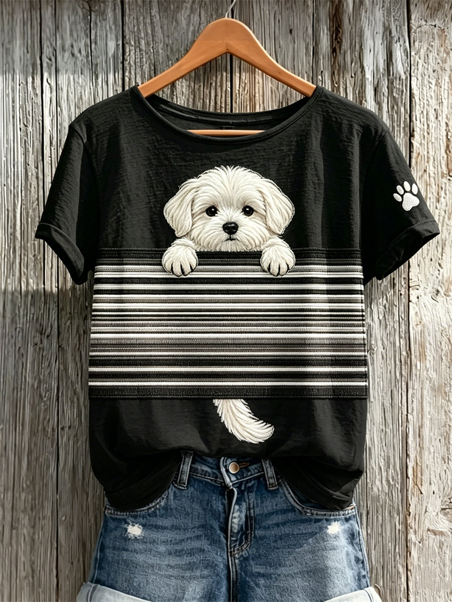 Peeking cão maltês Colorblock impressão t-shirt de manga curta feminino