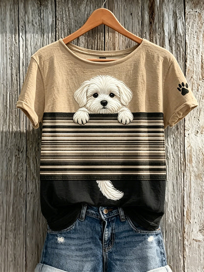 Peeking cão maltês Colorblock impressão t-shirt de manga curta feminino