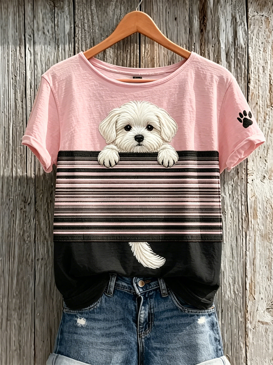 Peeking cão maltês Colorblock impressão t-shirt de manga curta feminino