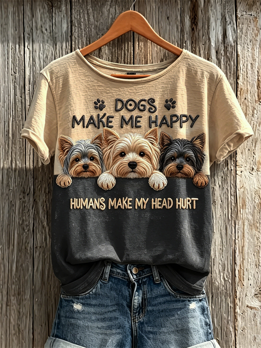 Women's Peeking Yorkshire Dogs Make Me Happy Humans Make My Head Hurt T-shirt de manga curta