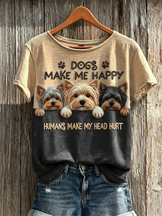 Women's Peeking Yorkshire Dogs Make Me Happy Humans Make My Head Hurt T-shirt de manga curta