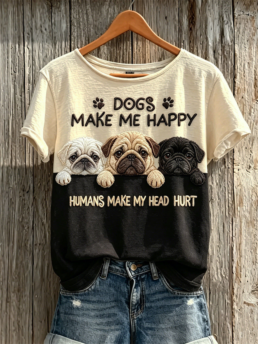 Women's Peeking Pug Dogs Make Me Happy Humans Make My Head Hurt T-shirt de manga curta