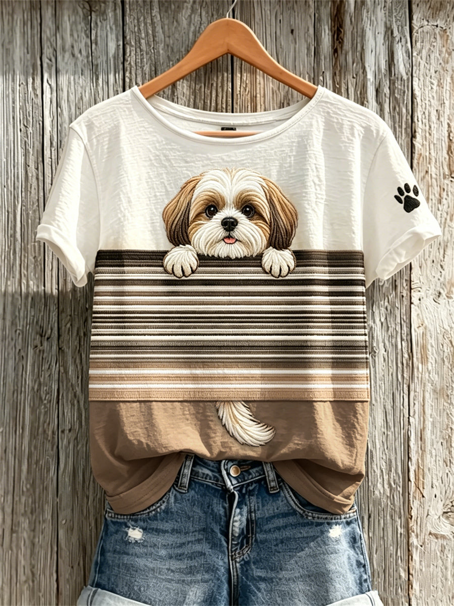 Do mulheres espreitando Shih Tzu cão & pata impressão Colorblock impressão camiseta de manga curta